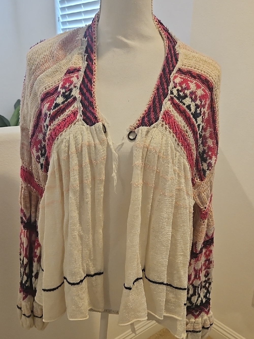 Free People Boho Knit Open-Front Sweater Cardigan - Cream with Pink Pattern M